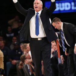 Brigham Young Cougars head coach Dave Rose calls out instructions as BYU and Valparaiso play in NIT Semifinal action at Madison Square Garden in New York City. BYU loses 70-72 Tuesday, March 29, 2016.