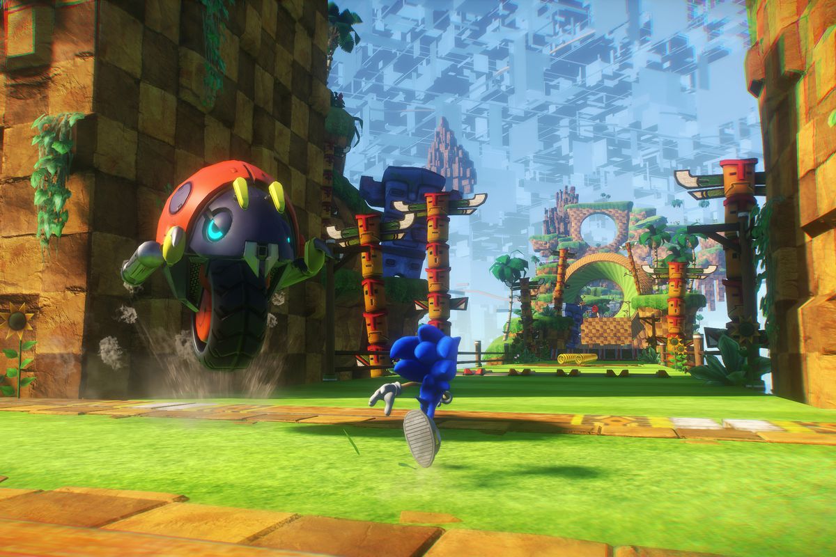 Sonic the Hedgehog runs through a 3D Green Hill Zone-like world in Sonic Frontiers