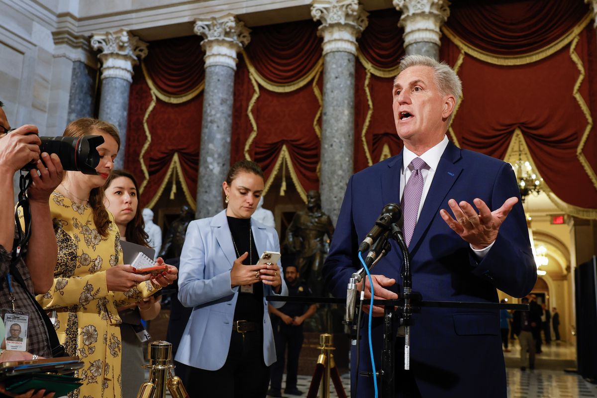 Speaker of the House Kevin McCarthy speaking at a press conference.