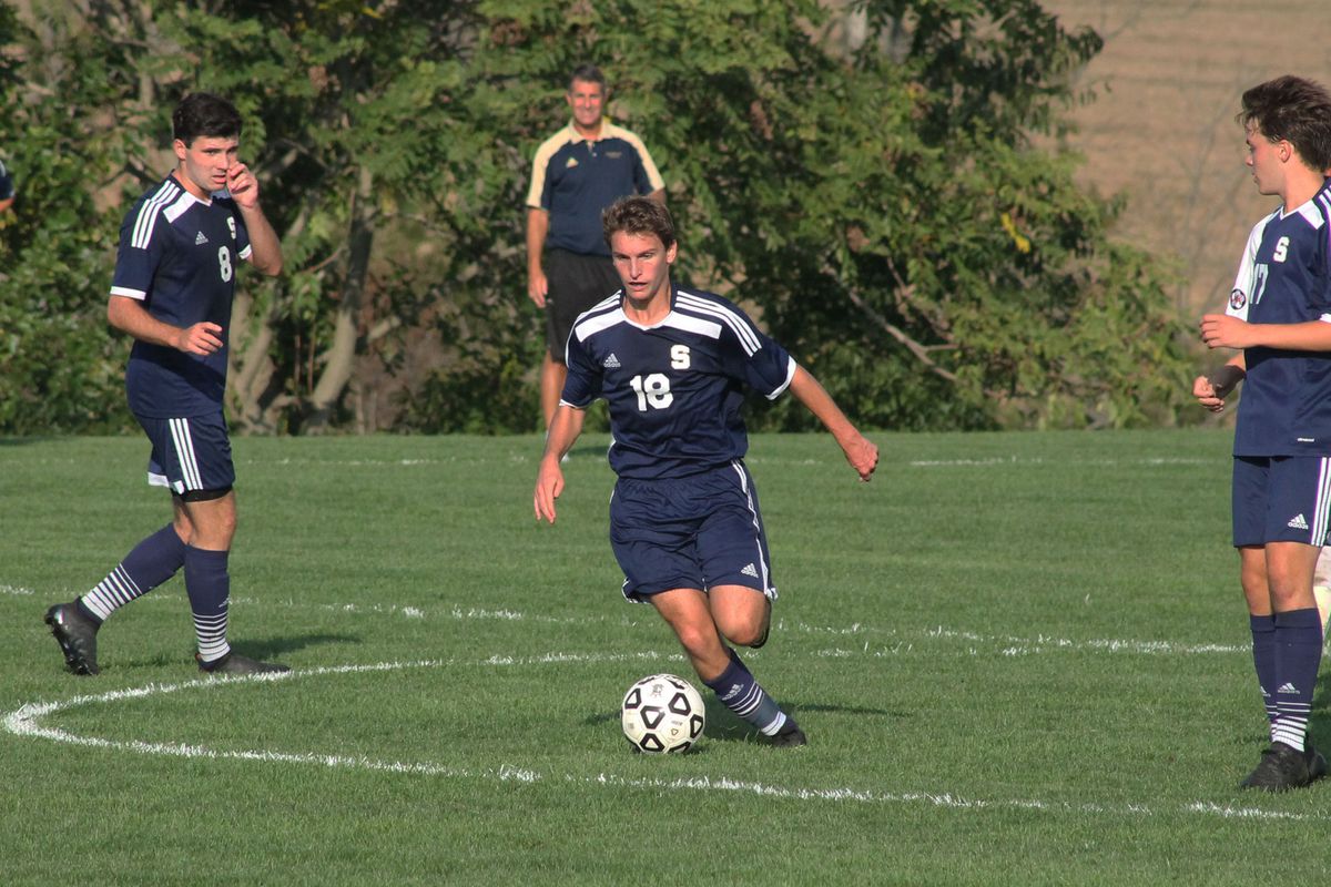 Salesianum forward Bryce Wallace (middle) controls the ball in the first half against Kingsway (N.J.) on October 3, 2016. Wallace had a goal and four assists in the 10-2 win. 