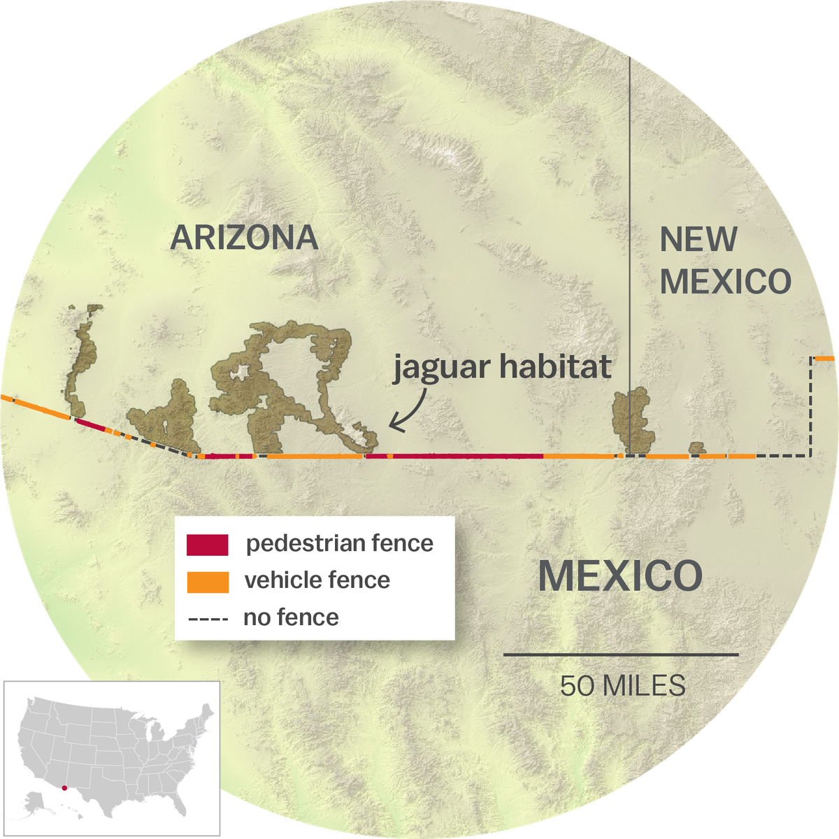 Map of jaguar habitat in Arizona and New Mexico along the US Mexico border wall