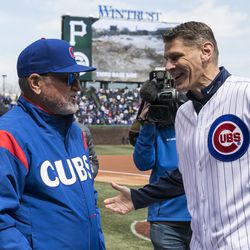 Cubs Manager Joe Maddon chats with Porter Andrew Moserbefore the Cubs take on the Pittsburgh Pirates. | Ashlee Rezin/Sun-Times