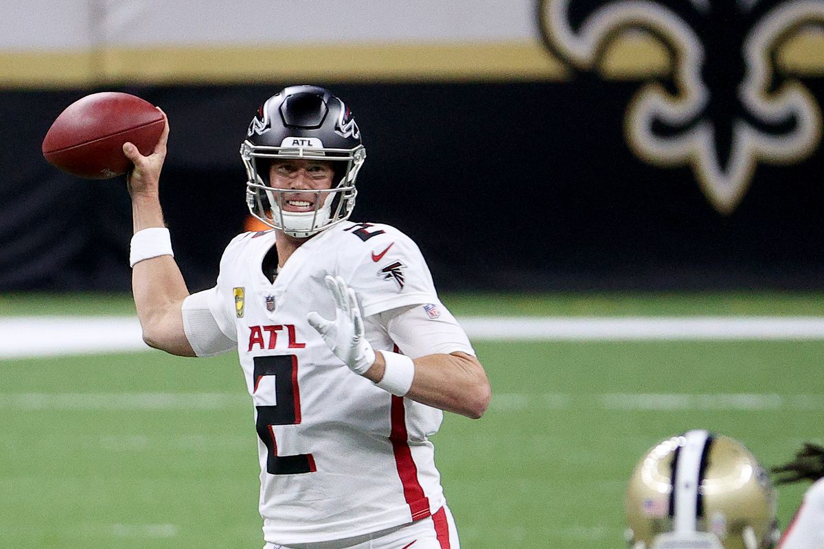 Matt Ryan #2 of the Atlanta Falcons of the Atlanta Falcons looks to pass the ball in the first quarter against the New Orleans Saints at Mercedes-Benz Superdome on November 22, 2020 in New Orleans, Louisiana.