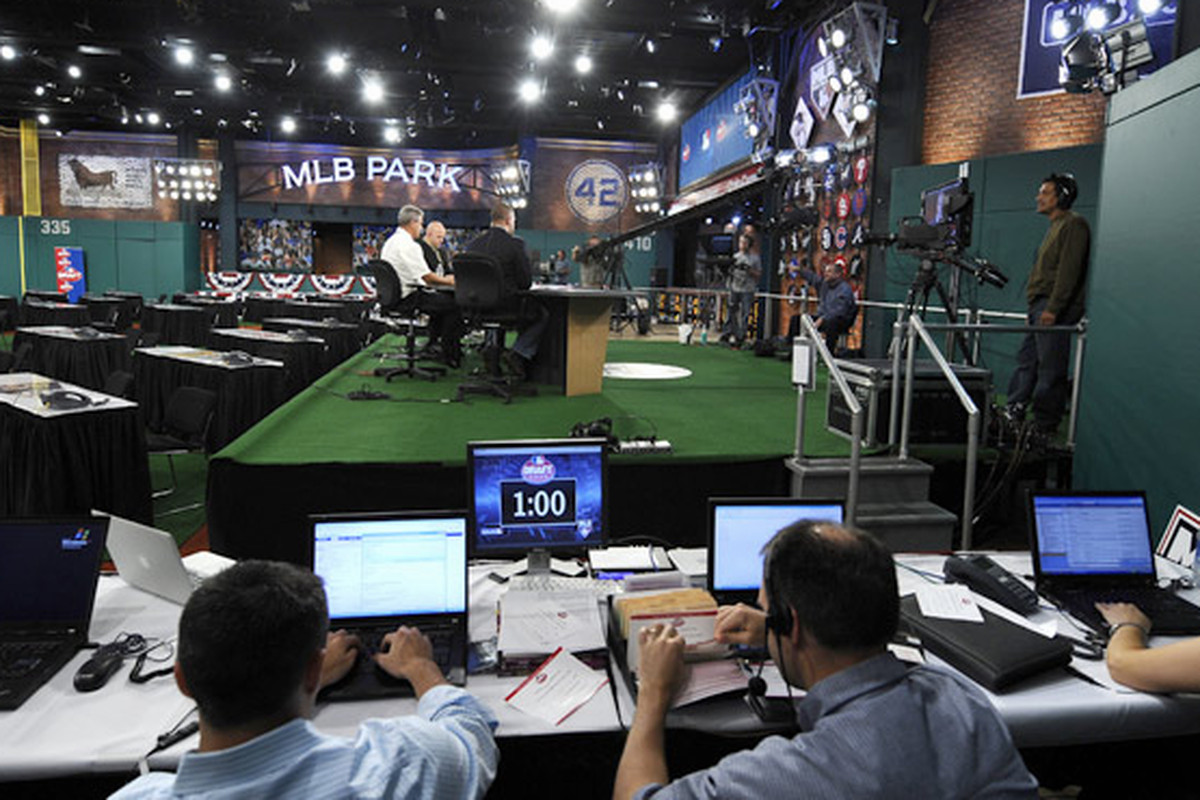 The MLB TV crew prepares for this week's First Year Player Draft. The draft begins at 3:00 PT today, and runs through Thursday.  (Jeff Zelevansky/MLB.com)