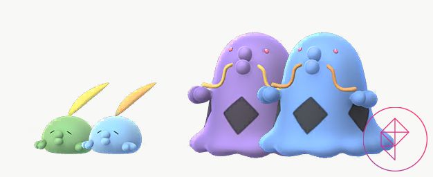 Shiny and regular Gulpin and Swalot in Pokémon Go. Both turn a nice light blue.