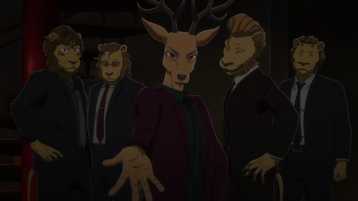 Louis the deer in a mauve suit flanked by Shishigumi made men with his hand outstretched in Beastars Season 2