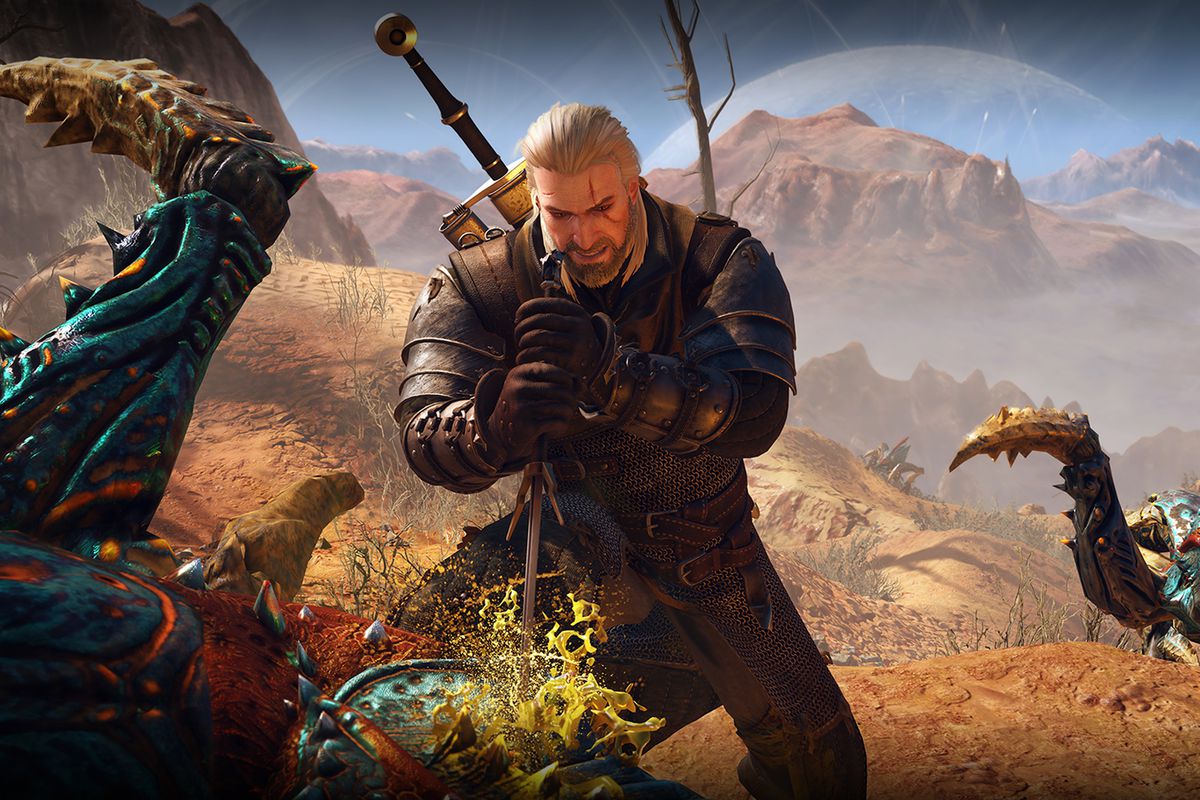 The Witcher 3: Wild Hunt - Geralt stabs a monster as another one watches in the background