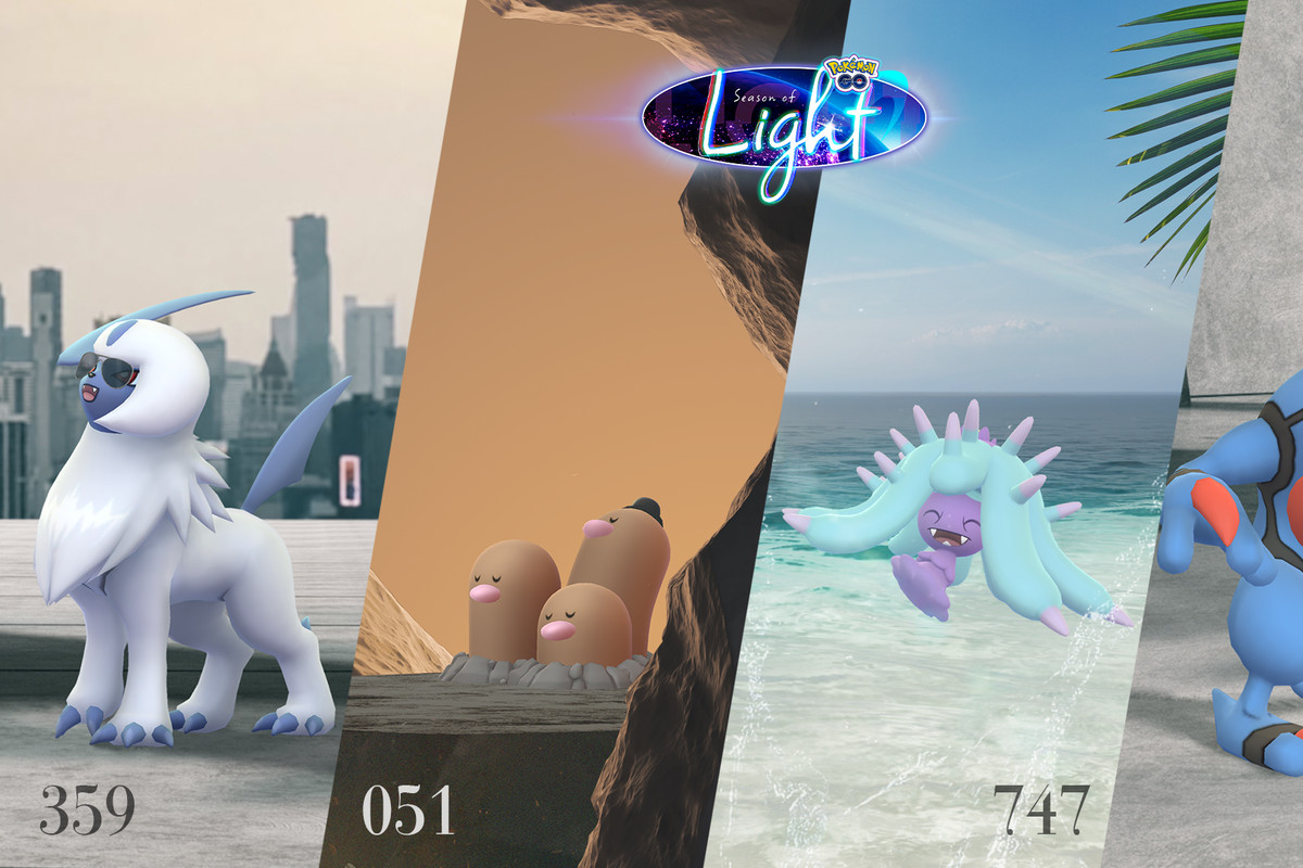 Mareanie and several Pokémon in accessories like Dugtrio and Absol celebrate the Season of Light in different enviornments