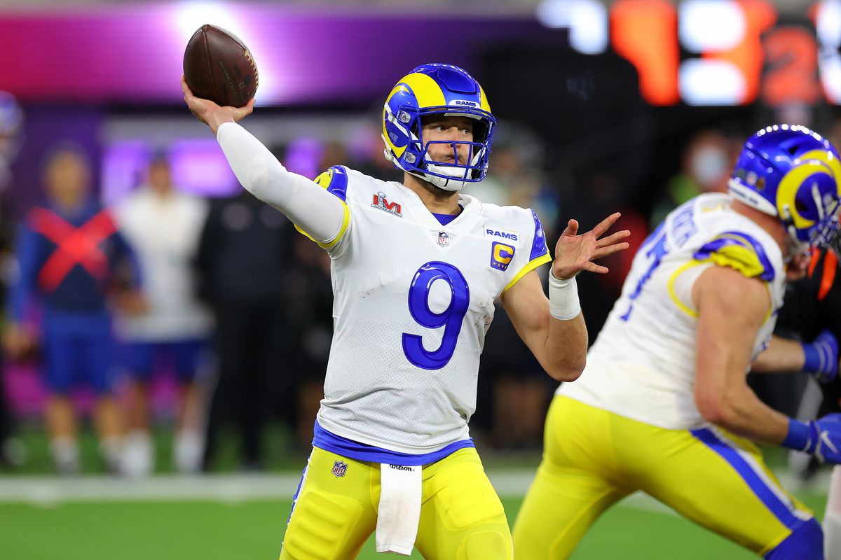 Matthew Stafford #9 of the Los Angeles Rams throws the ball in the fourth quarter of the game against the Cincinnati Bengals during Super Bowl LVI at SoFi Stadium on February 13, 2022 in Inglewood, California.