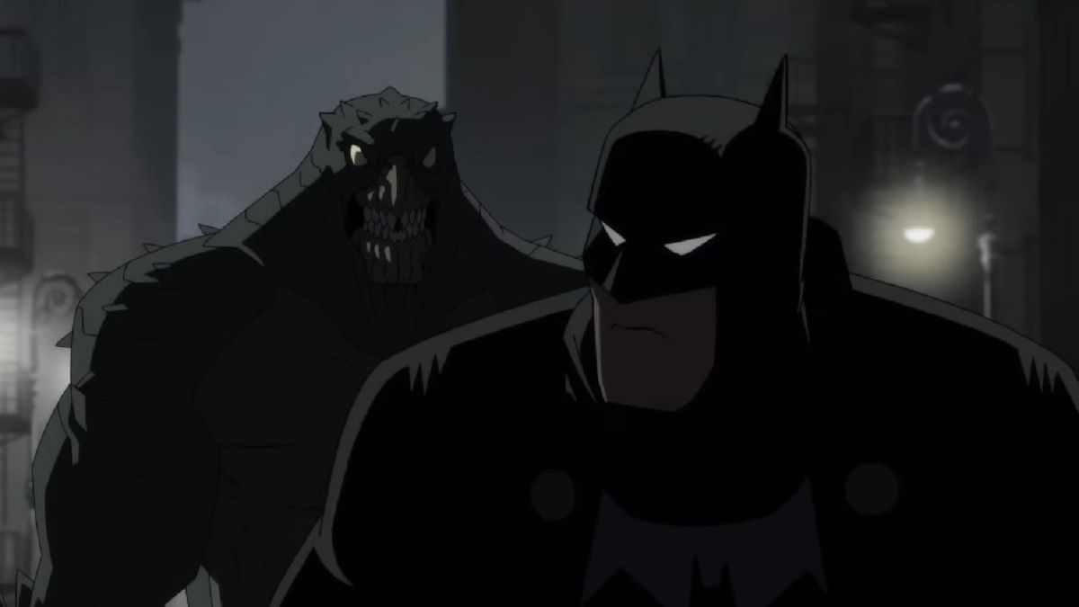 Killer Croc lurks behind Batman in the animated movie Batman: The Doom That Came to Gotham