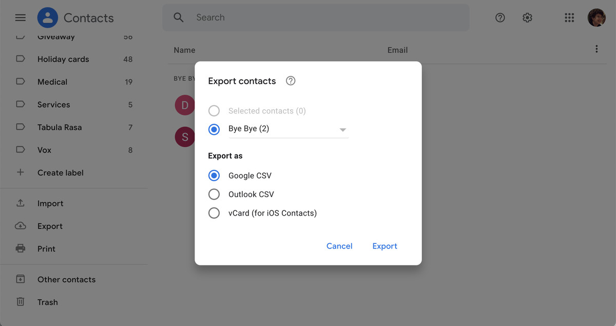 You can export your contacts as part of a CSV file or as vCards.