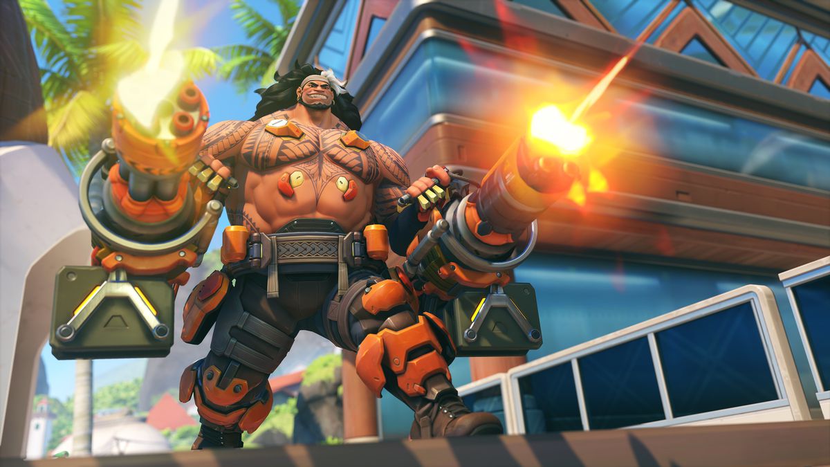 Overwatch 2 hero Mauga fires both of his massive chainguns at once