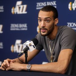 Utah Jazz center Rudy Gobert talks to members of the media at Zions Bank Basketball Center in Salt Lake City on Thursday, April 25, 2019. Utah's season ended with Wednesday's loss to Houston in the opening round of the NBA playoffs.