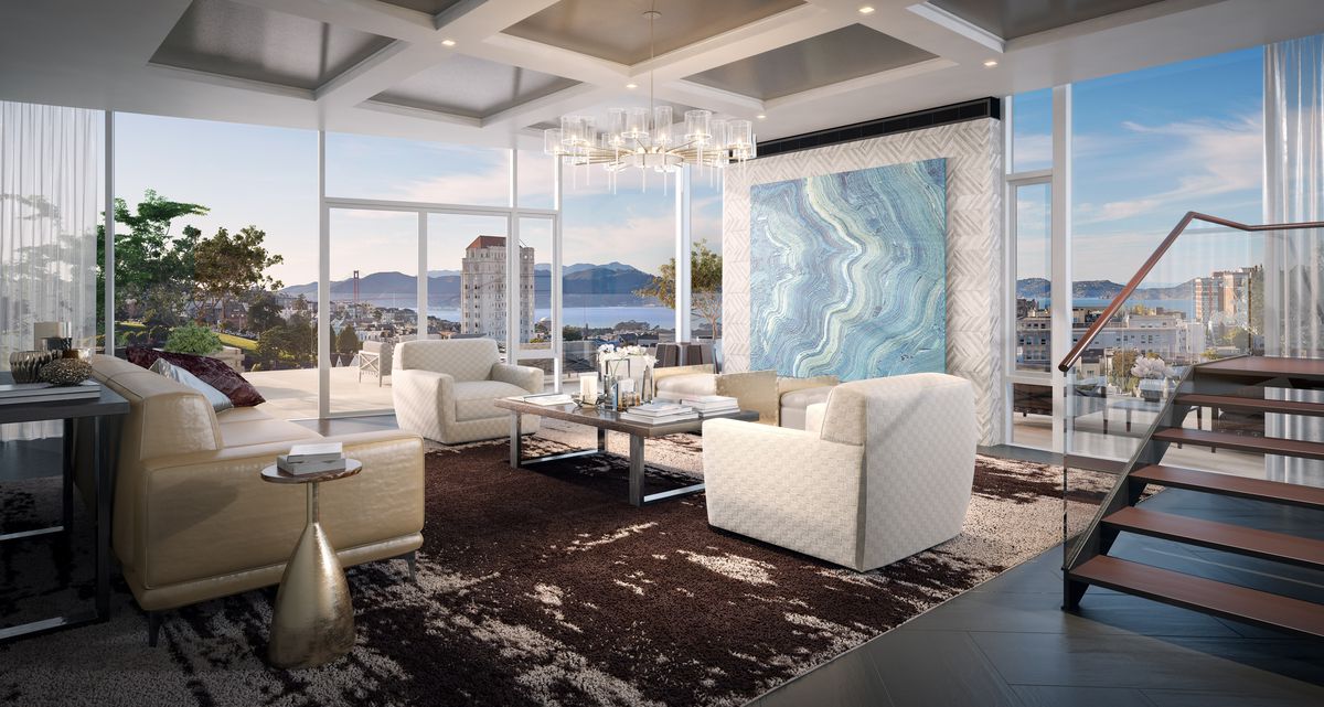 Rendering of penthouse living room.