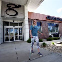 Kendal Levine, who was hit by a car while on a mission in Australia, makes her way to the car after physical therapy session at Neuroworx in Sandy on Thursday, April 25, 2019,