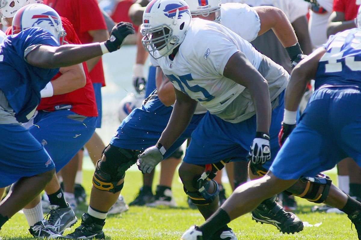 PITTSFORD, NY - AUGUST 08:  Chris Hairston #75 of the Buffalo moves at the snap during Buffalo Bills Training Camp at St. John Fisher College on August 8, 2011 in Pittsford, New York.  (Photo by Rick Stewart/Getty Images)