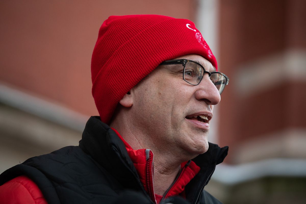 After a teachers strike that lasted more than two weeks, Chicago Teachers Union President Jesse Sharkey delivers a statement in front of Richard Yates Elementary School in Humboldt Park on the first day back to school, Friday morning, Nov. 1, 2019.