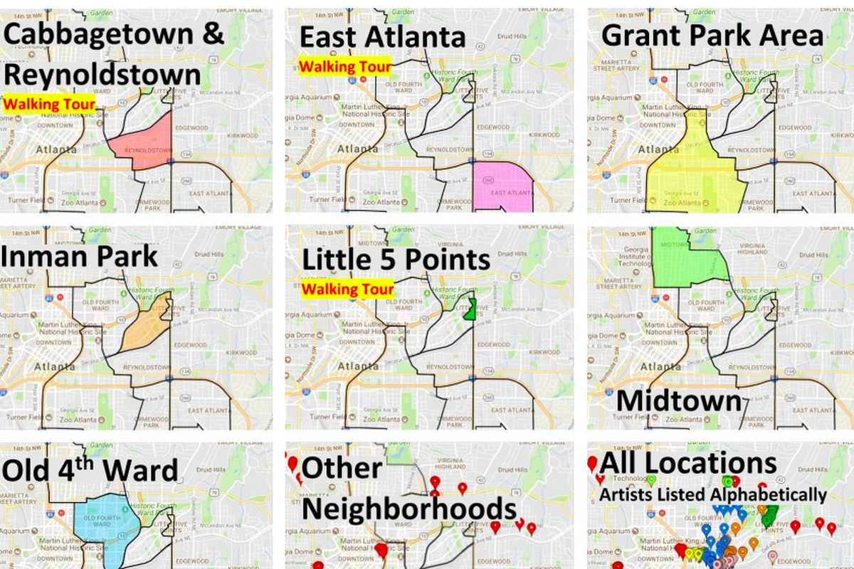 A collage of street murals locations around Atlanta. 
