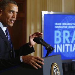 President Barack Obama speaks about the BRAIN (Brain Research through Advancing Innovative Neurotechnologies) Initiative, Tuesday, April 2, 2013, in the East Room at the White House in Washington. 