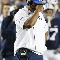 Brigham Young Cougars head coach Kalani Sitake watches the end of the game with the UCLA Bruins  in Provo on Sunday, Sept. 18, 2016. UCLA won 17-14.