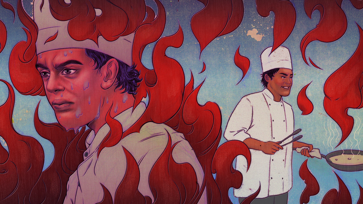 Illustration of sweating chef engulfed by flames on one side, smiling and holding a pan on the other.