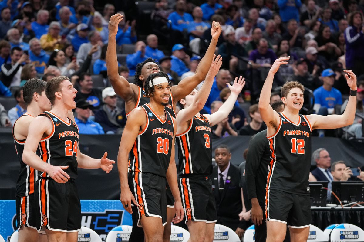 The Princeton Tigers celebrate after defeating the Missouri Tigers at Golden 1 Center.
