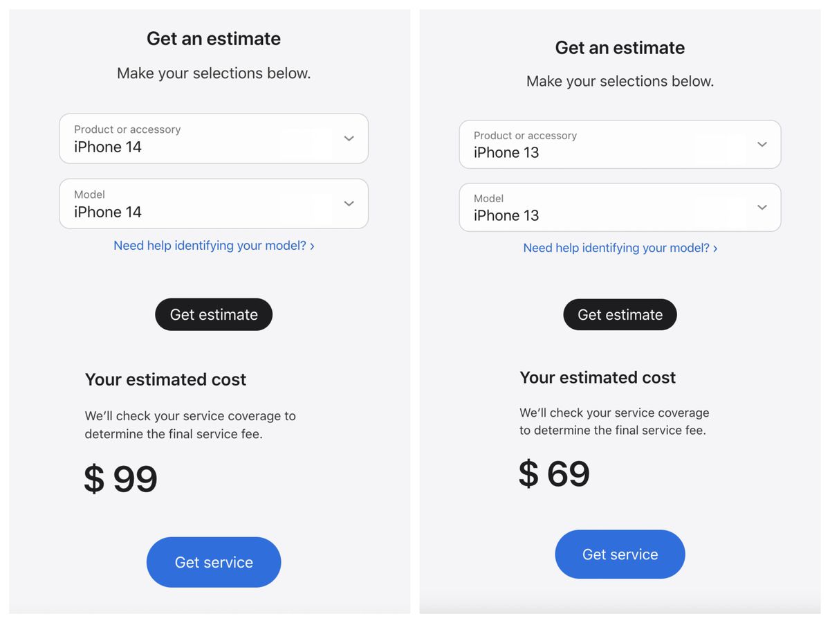 Screenshots comparing the cost of battery replacement on the iPhone 13 vs. the iPhone 14.