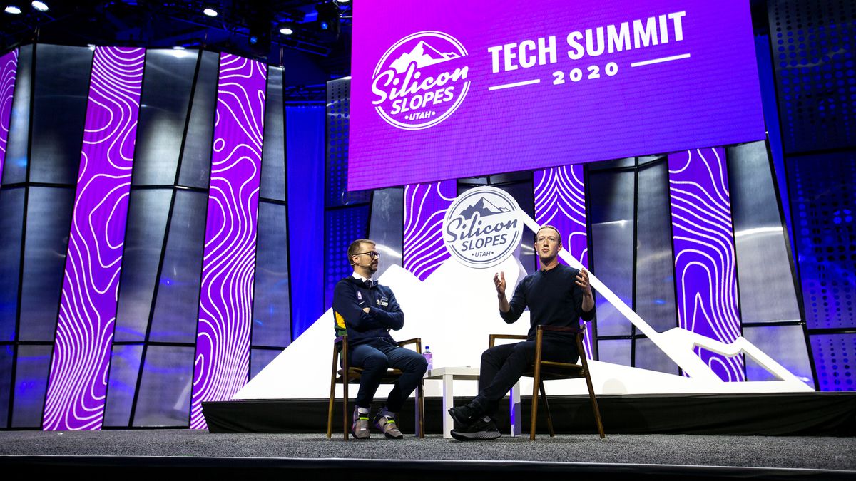 Silicon Slopes Executive Director Clint Betts sits down with Mark Zuckerberg, founder and CEO of Facebook, at the Silicon Slopes Tech Summit at the Salt Palace Convention Center in Salt Lake City on Friday, Jan. 31, 2020.