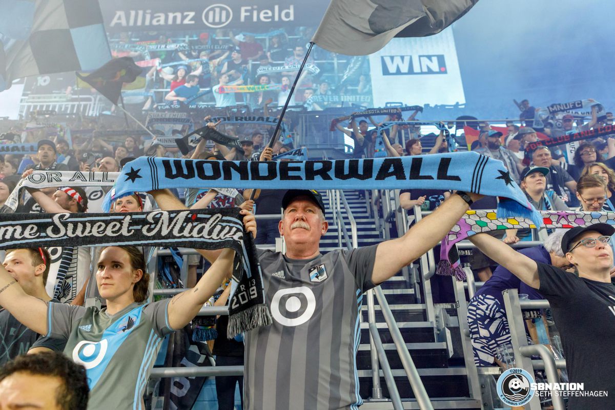 July 3, 2019 - Saint Paul, Minnesota, United States - Supporters sing Wonderwall in celebration as Minnesota United defeated San Jose Earthquakes 3-1 at Allianz Field.