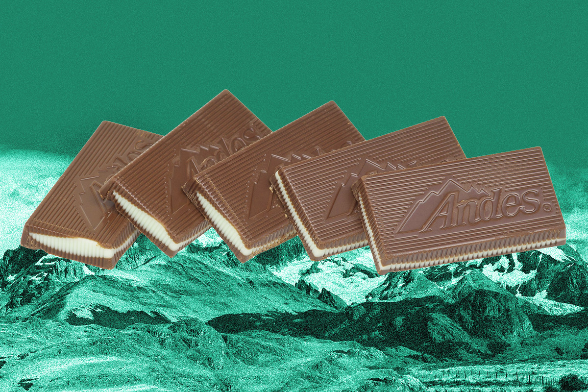 Ande’s mints on a green-hued photo of mountains