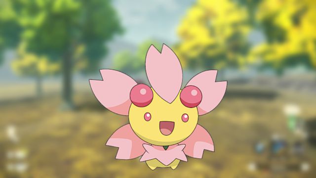 a cherrim, which is a flower pokemon with pink petals is layered over a blurred background of a forrest