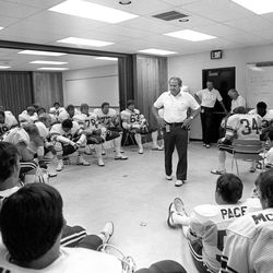 FTB 403 E 24 Colorado

Football- BYU vs University of Colorado. LaVell Edwards in locker room with team. Identifiable players: 9 Jim McMahon, 8 Steve Young, 55 Corey Pace, 34, 63 Calvin Close, 77 Mike Morgan, 78 Chuck Ehin or Dave Wright, 67 Lennon Ledbetter.

Sept 26, 1981

Box Number: 6371

Photo by: Mark Philbrick/BYU

Copyright BYU PHOTO 2008
All Rights Reserved
801-422-7322
photo@byu.edu