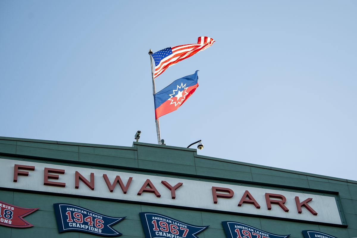 A flag in recognition of Juneteenth is flown over Fenway Park in 2020 while baseball was suspended.