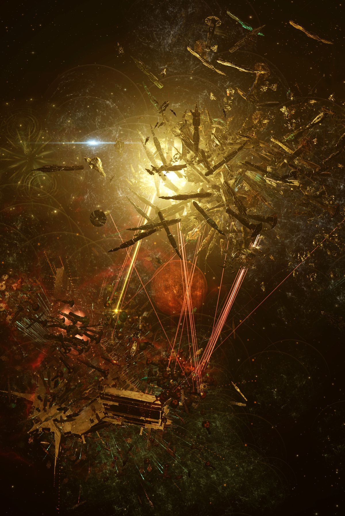 Many, many starships seen from a great distance. In the background lasers flare, and a massive installation called a keepstar looms.