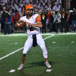 Wheaton-Warrenville South’s Noah Henkel (2) looks for a receiver. Worsom Robinson/For the Sun-Times.