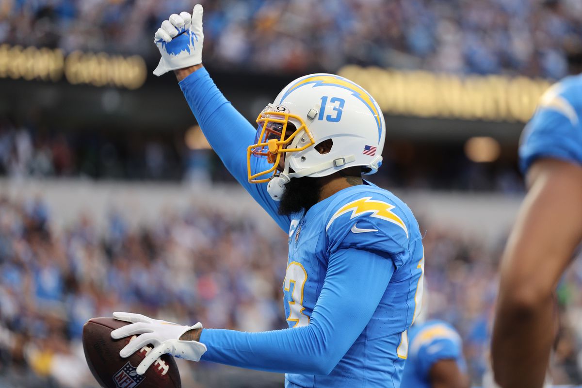 INGLEWOOD, CALIFORNIA - OCTOBER 01: Keenan Allen #13 of the Los Angeles Chargers celebrates after a touchdown reception against the Las Vegas Raiders during the second quarter at SoFi Stadium on October 01, 2023 in Inglewood, California.
