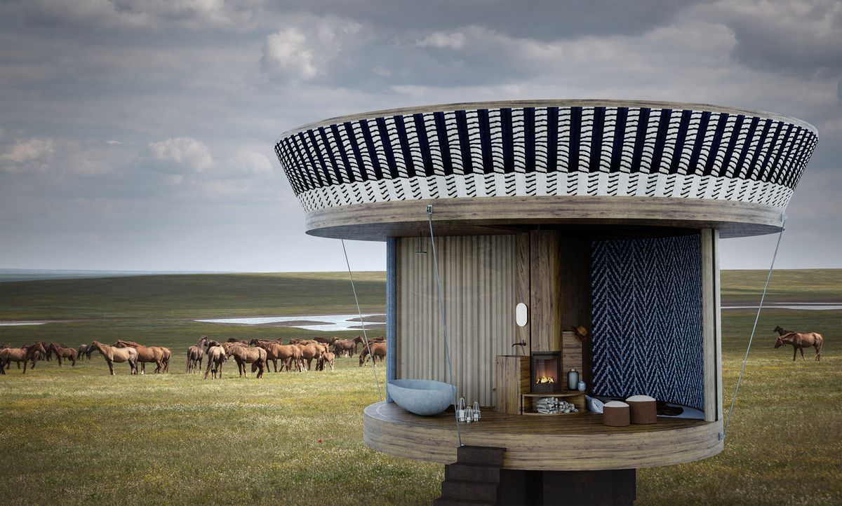 Rendering of round tiny home on grassy expanse.