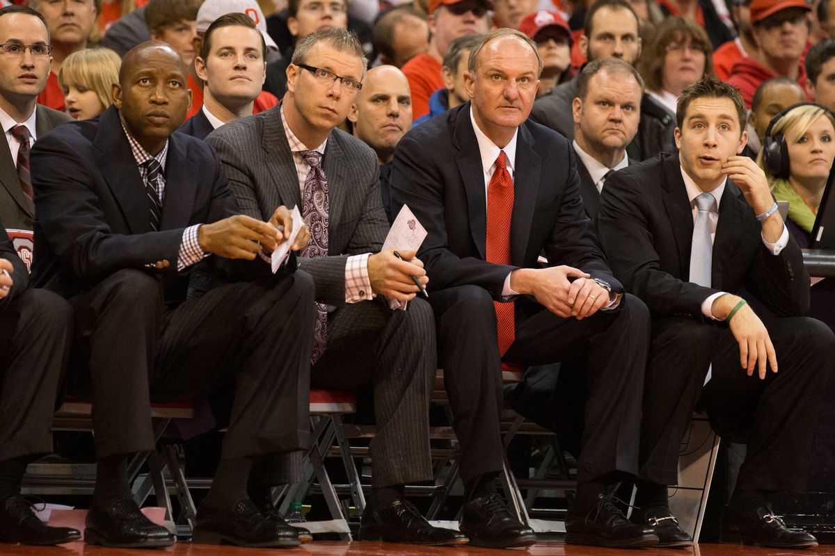 Thad Matta (second from right) with his three current assistants (from left): Dave Dickerson, Jeff Boals, and Greg Paulus.
