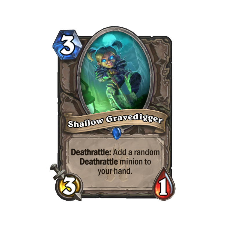 This Hearthstone card is titled “Shallow Gravedigger.” It is a three-cost minion with three attack and one health, and its card text reads: “Deathrattle: Add a random Deathrattle minion to your hand.” The card art depicts an armored gnome pushing a shovel