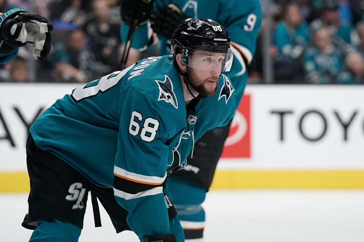 Apr 23, 2019; San Jose, CA, USA; San Jose Sharks center Melker Karlsson (68) prepares for the next play against the Vegas Golden Knights during the second period in Game 7 of the first round of the 2019 Stanley Cup Playoffs at SAP Center at San Jose.