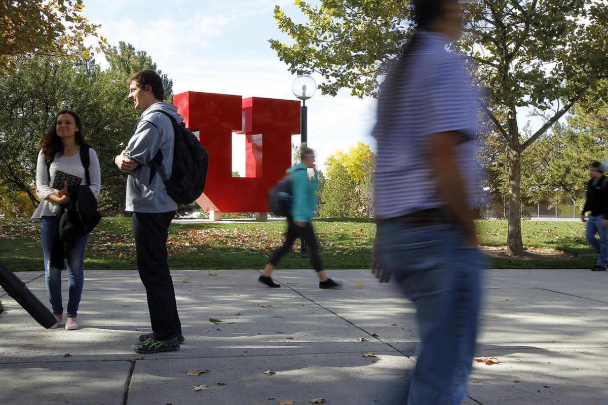 FILE - Students walk past the "block U" on the University of Utah's campus in Salt Lake City, Tuesday, Oct. 20, 2015.