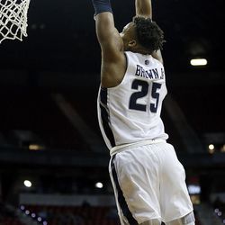 Utah State Aggies forward Dwayne Brown Jr. dunks the ball against the Colorado State Rams during the Mountain West Conference basketball tournament in Las Vegas on Wednesday, March 7, 2018.
