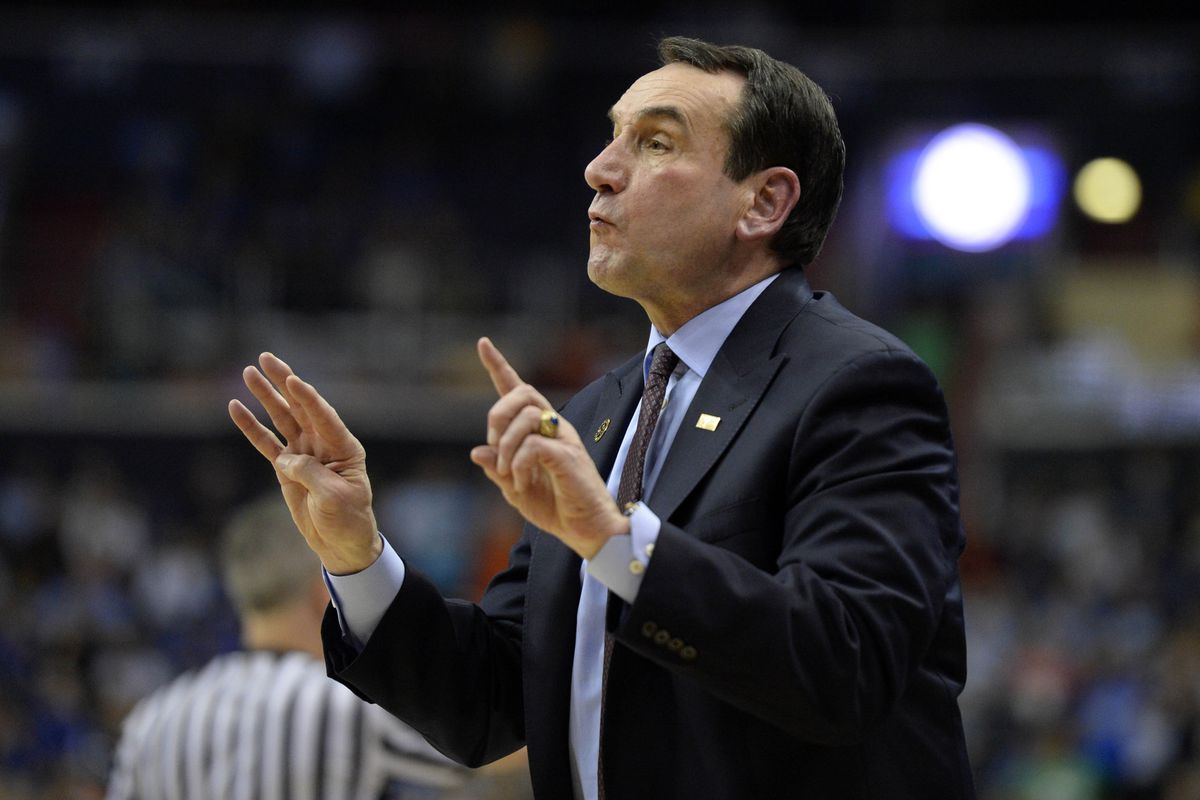 Mar 10, 2016; Washington, DC, USA; Duke Blue Devils head coach Mike Krzyzewski calls a play in the second half against the Notre Dame Fighting Irish during day three of the ACC conference tournament at Verizon Center. 