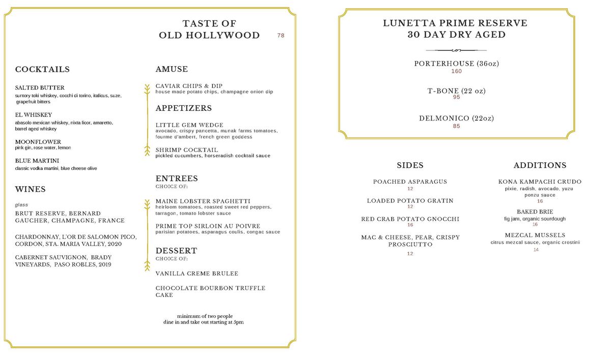Old Hollywood menu at Lunetta, from Wednesday to Saturday, June 8 to 11, 2022