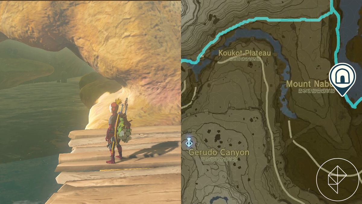Link in the Yiga Clan Armor in Tears of the Kingdom, facing a cave with water pouring out of it