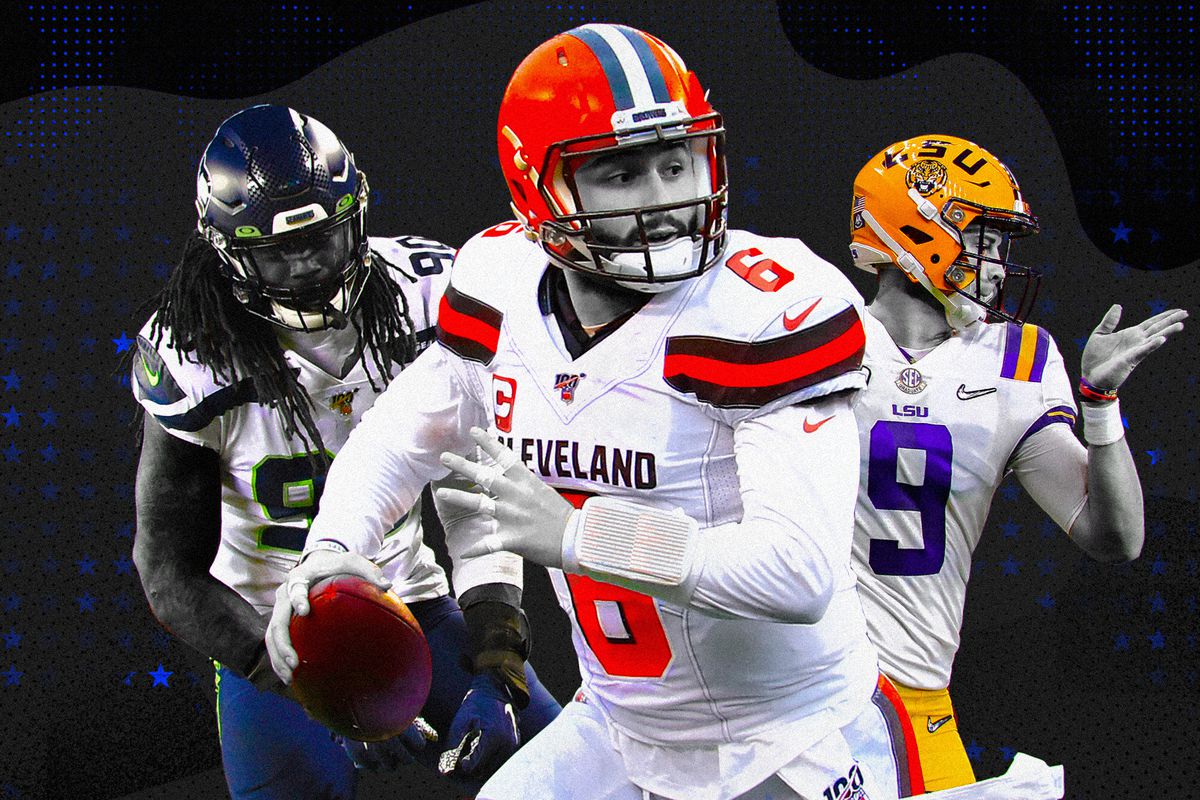 An art collage of NFL No. 1 picks Jadeveon Clowney, Baker Mayfield, Joe Burrow, superimposed on a black background with blue stars