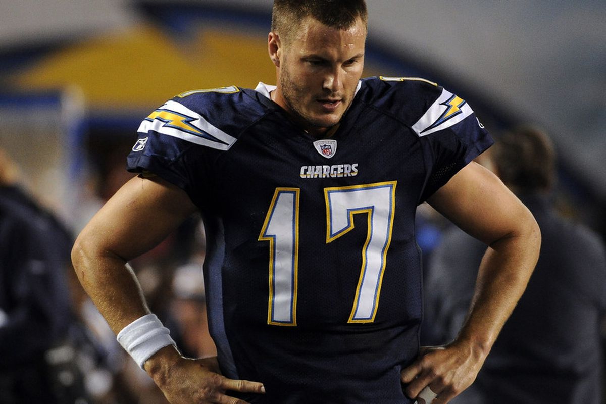 Philip Rivers #17 of the San Diego Chargers reacts during a 24-17 loss to the Oakland Raiders.  (Photo by Harry How/Getty Images)