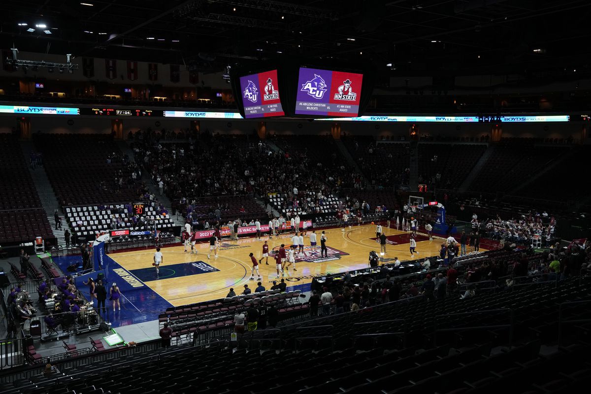A general view as the New Mexico State Aggies take on the Abilene Christian Wildcats in the championship game of the Western Athletic Conference basketball tournament at the Orleans Arena on March 12, 2022 in Las Vegas, Nevada.