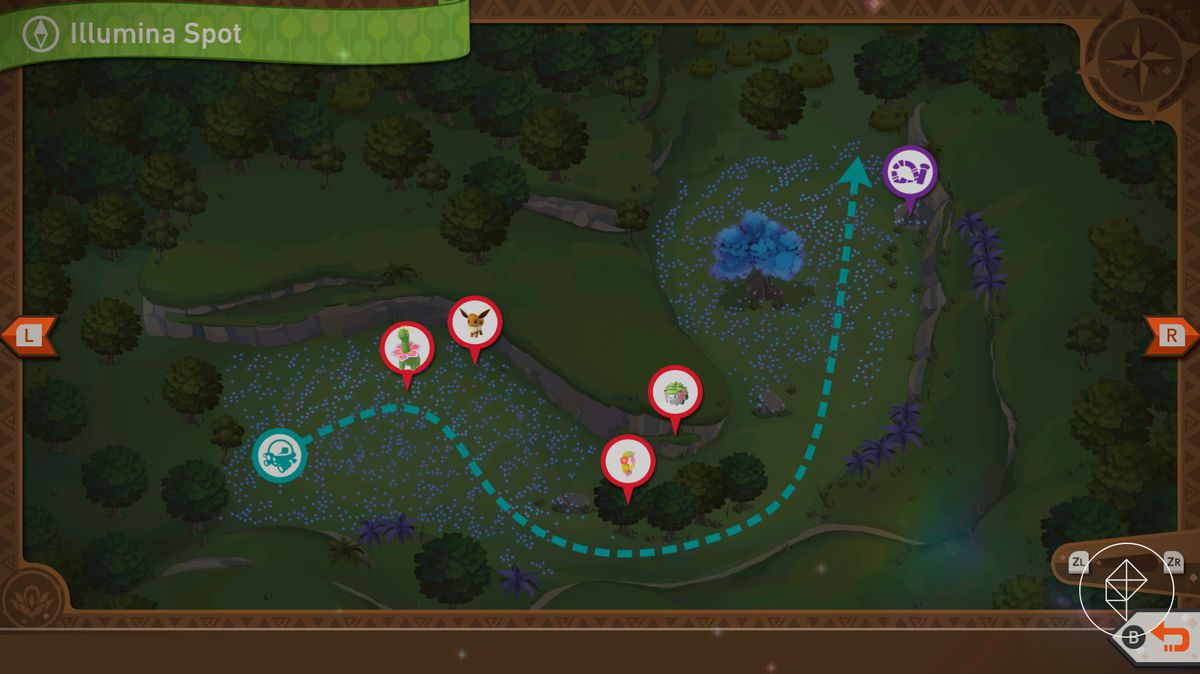 A map of the Florio Nature Park’s Illumina Spot, with a few red markers showing different Pokémon