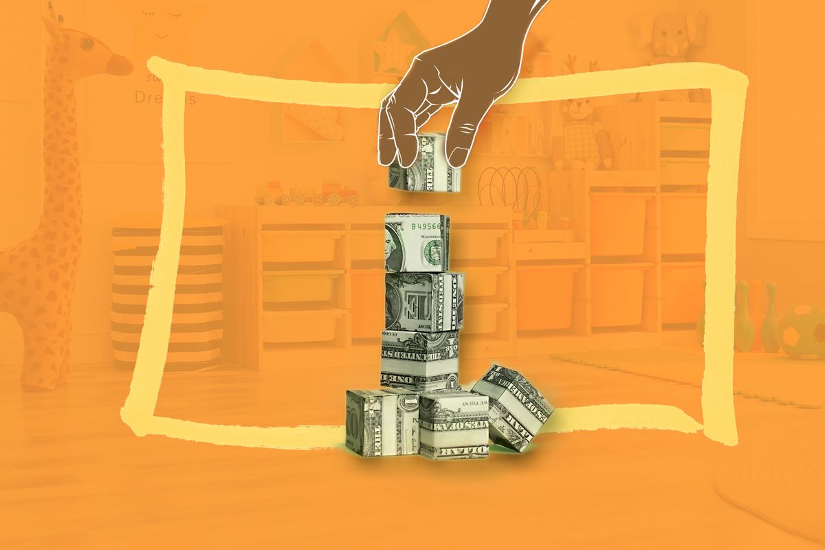 A photo illustration shows a hand stacking blocks, which are made of dollar bills, against an orange and yellow background depicting a day care playroom.